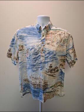 Classic Beach-Print Short-Sleeve Button-Down Shirt - Blue/Cream